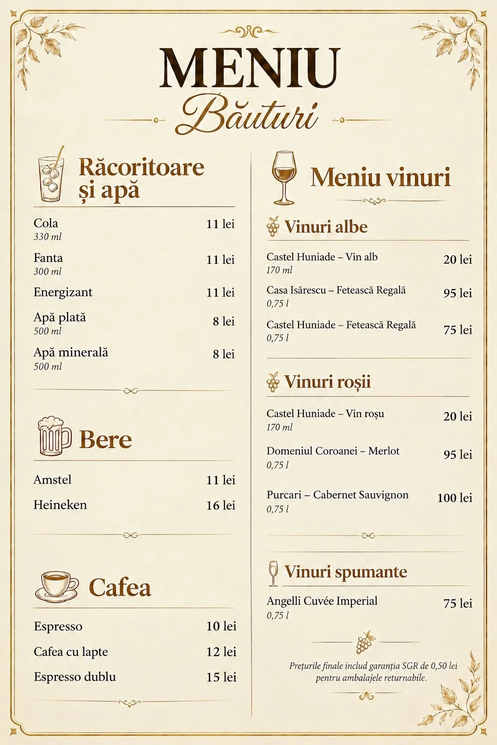 Meniu băuturi Hotel Sawei Urban — răcoritoare și apă, bere, cafea, vinuri albe, roșii și spumante